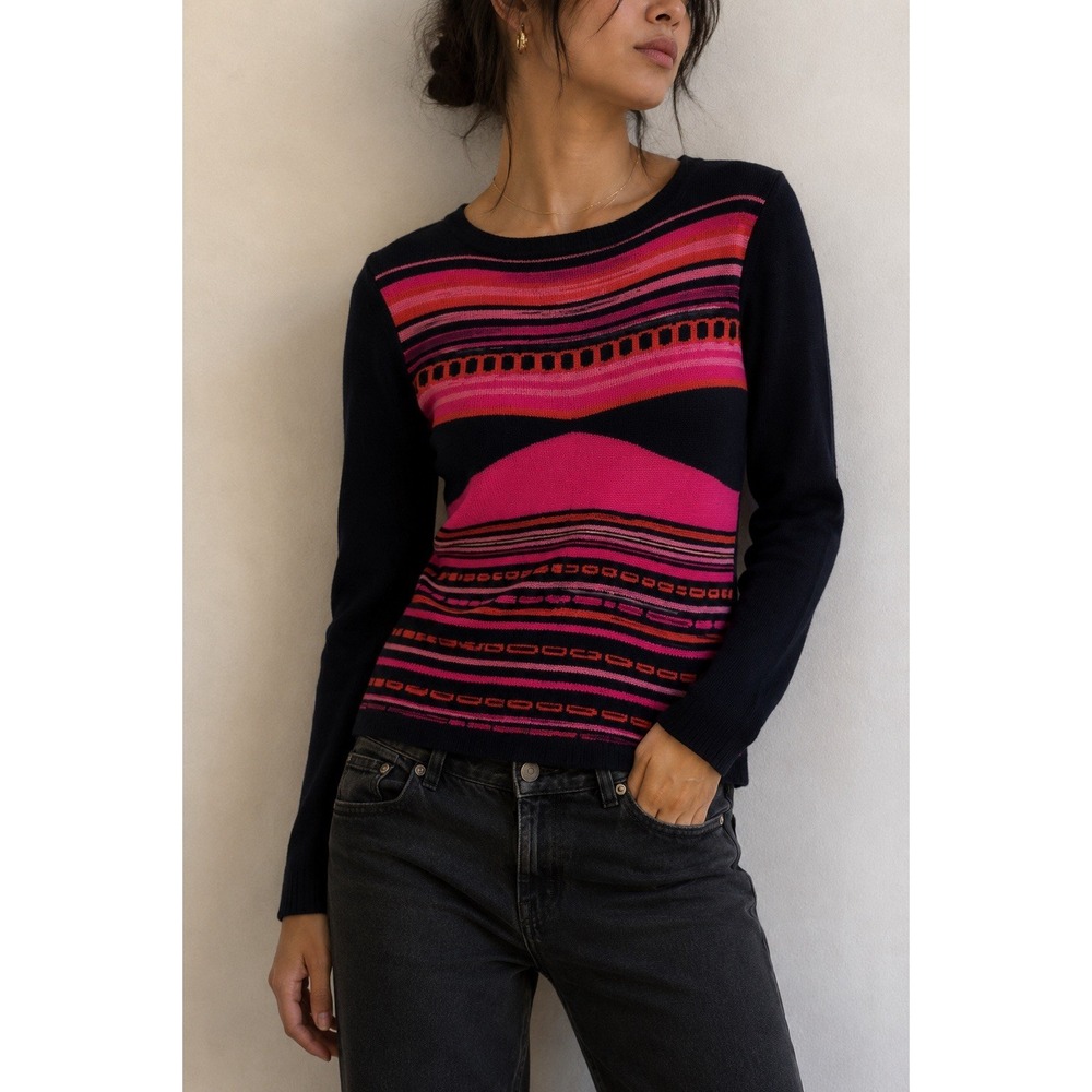 Skovhuus Sweater Small Pink Black Stripes Cotton Blend Denmark Art To Wear